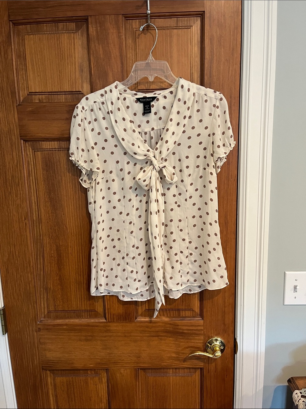 White House Black Market Cream Blouse with Brown Polka Dots and Tie Neck